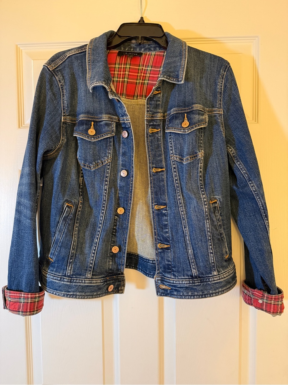 Talbots Denim Jacket with Red Plaid Lining on the collar and sleeves